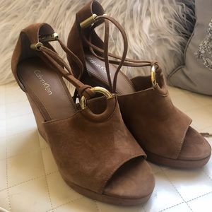 Brown suede Calvin Klein lace up wedges